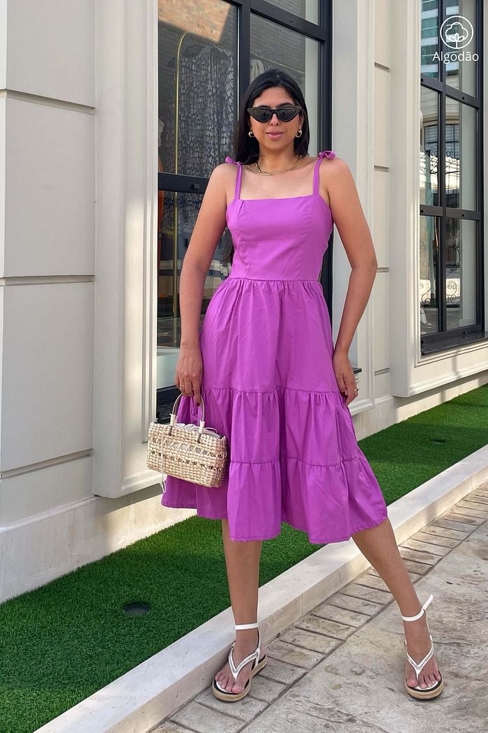 Vestido Midi Camadas De Alças Tricoline Algodão Athenas Lilas