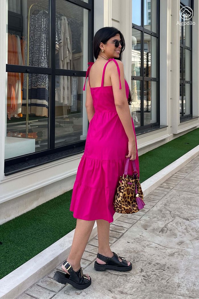 Vestido Midi Camadas De Alças Tricoline Algodão Athenas Pitaya