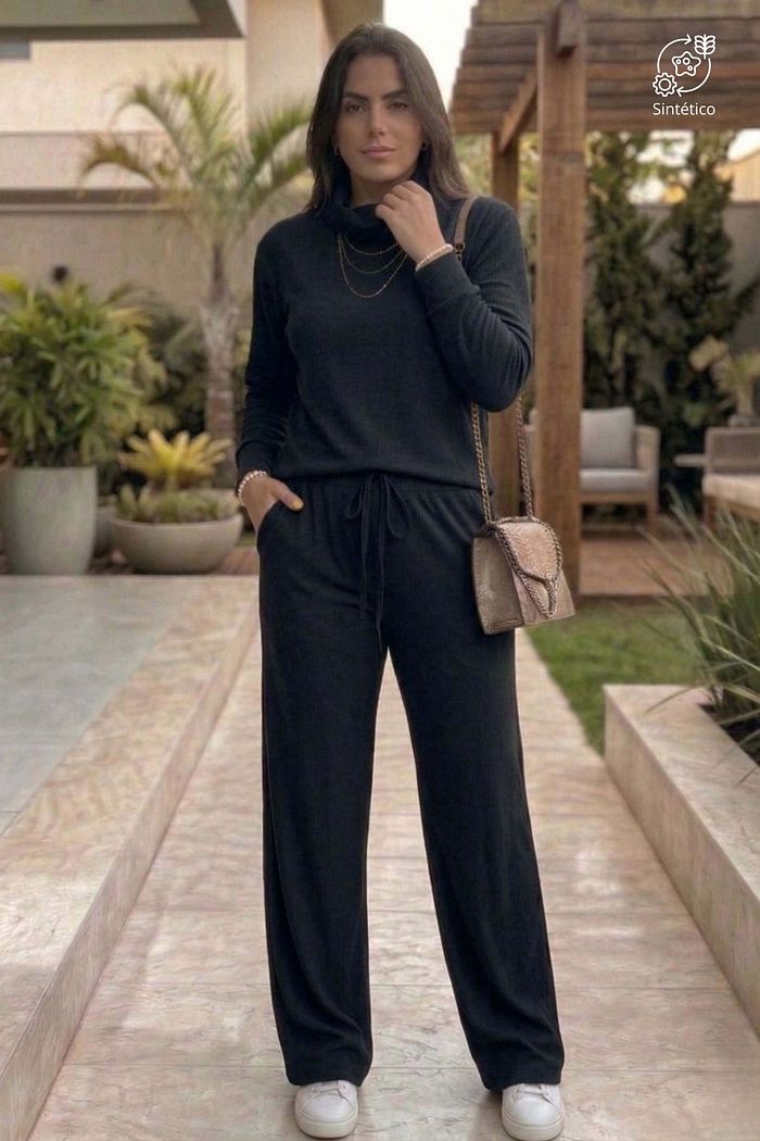 Conjunto Feminino Calça Wide Leg Blusa Manga Longa Sintético Berlim - Preto