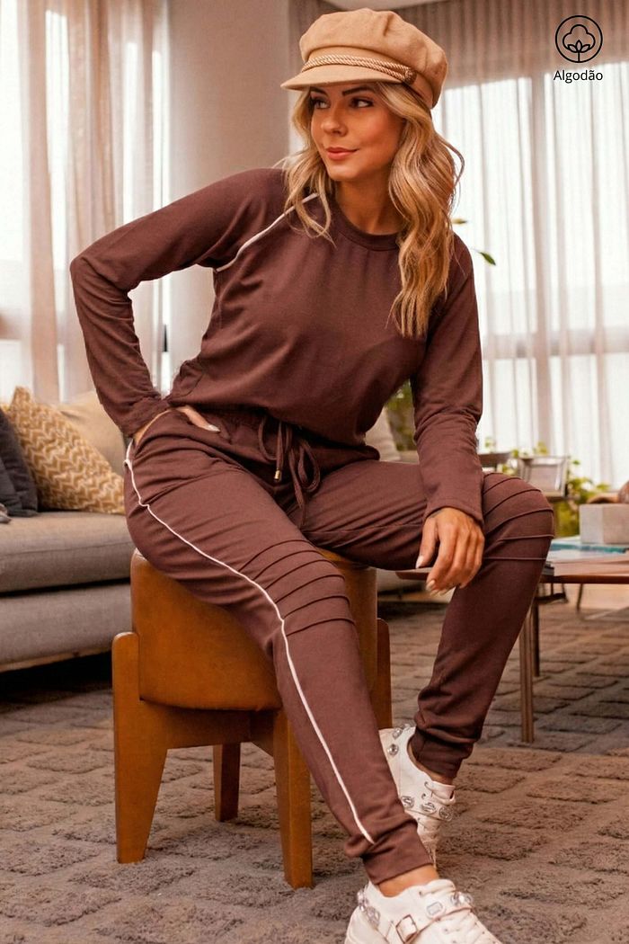 PRÉ VENDA - Conjunto Feminino Moletinho Blusa Calça City Marrom