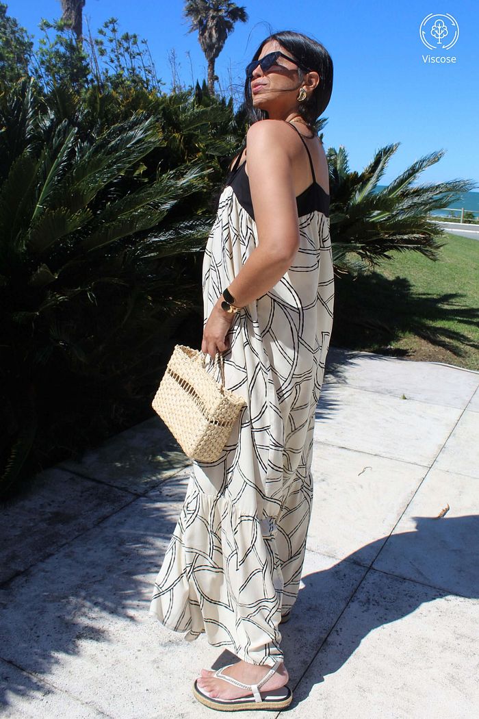 Vestido Longo de Alcas Amarracao Viscose Duo Abstrato Preto