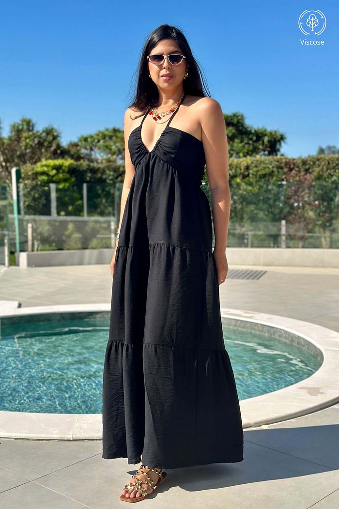 Vestido Longo de Alcas Decote V Viscose Solar Preto