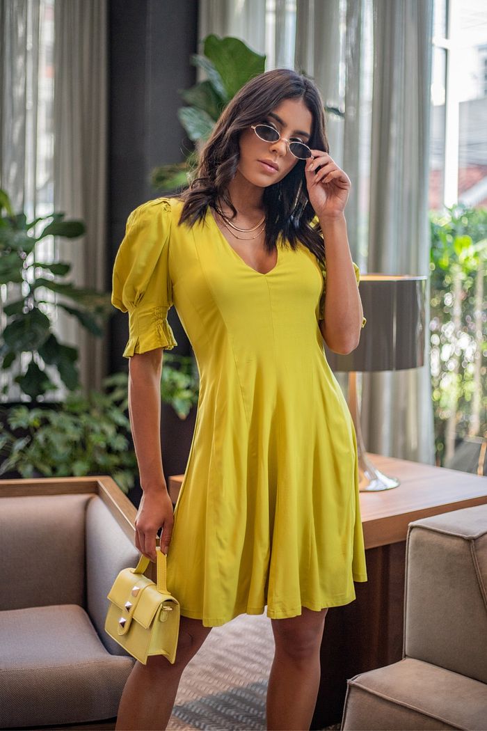Vestido Curto Manga bufante Viscose Verde Lemon Citrine