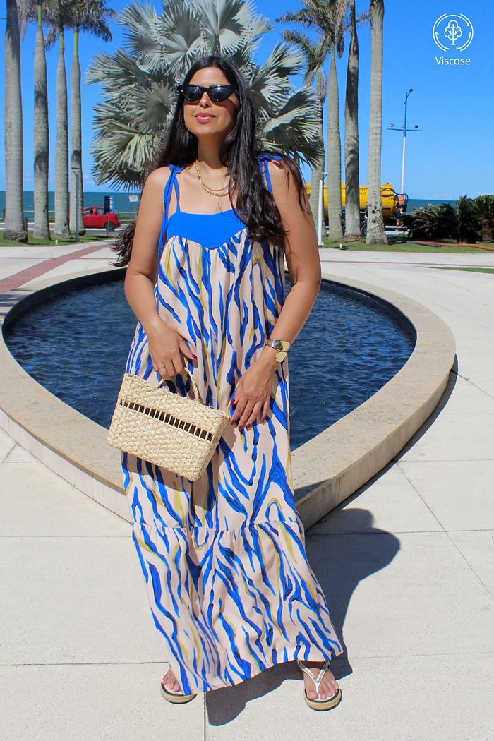 Vestido Longo de Alcas Amarracao Viscose Duo Abstrato Azul Royal