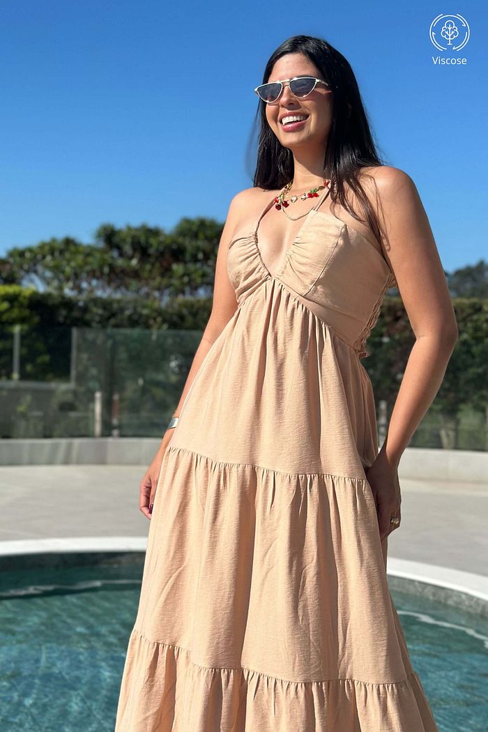 Vestido Longo de Alcas Decote V Viscose Solar Bege Areia