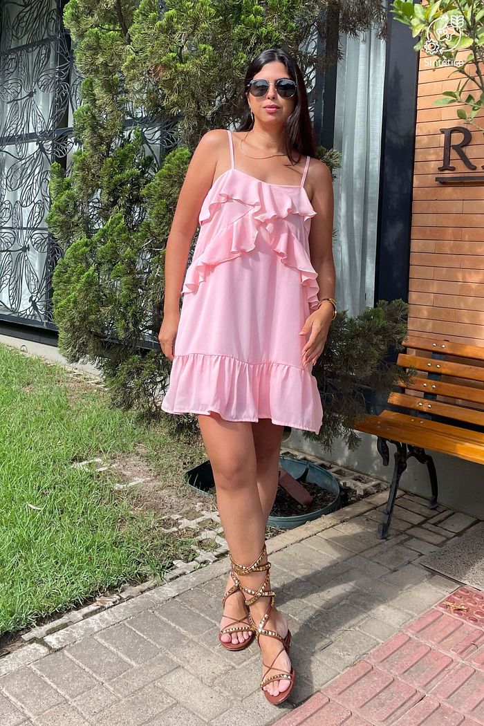 Vestido Curto Boho Babados Fluidos Alças Muse Rosa