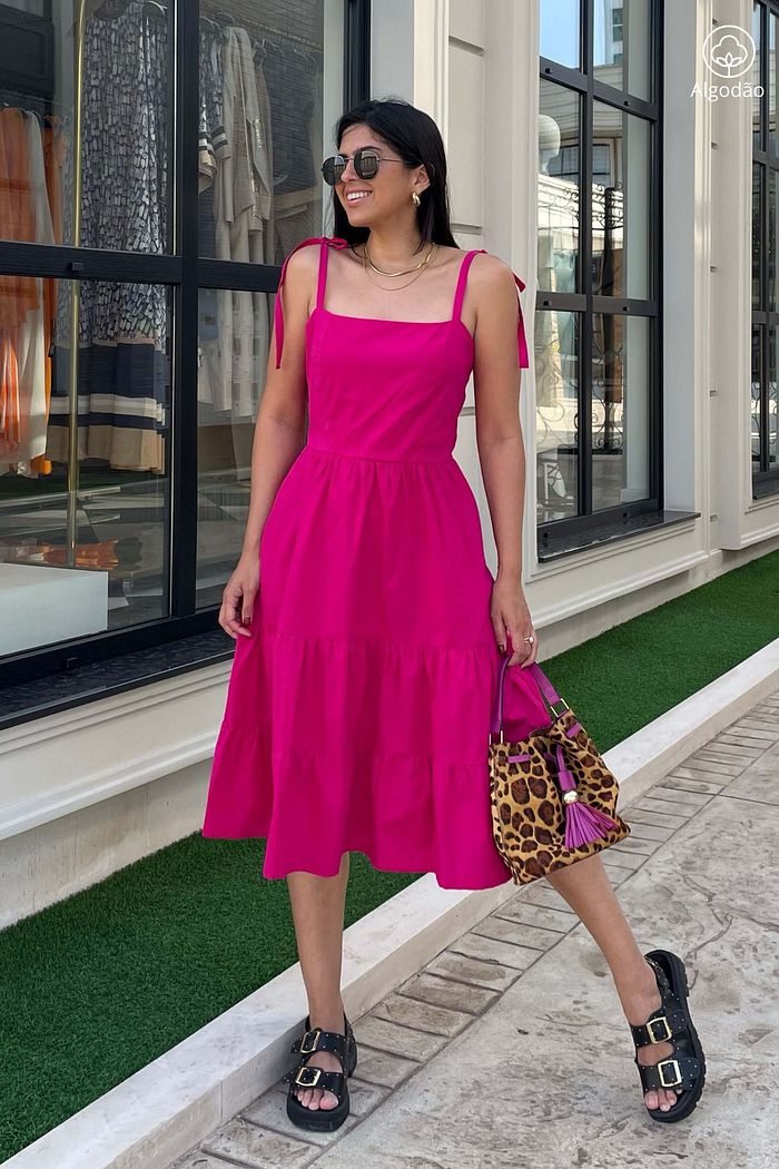 Vestido Midi Camadas De Alças Tricoline Algodão Athenas Pitaya