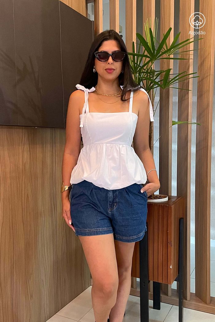 Blusa feminina Balonê de alças Tricoline algodão Vitta Branco