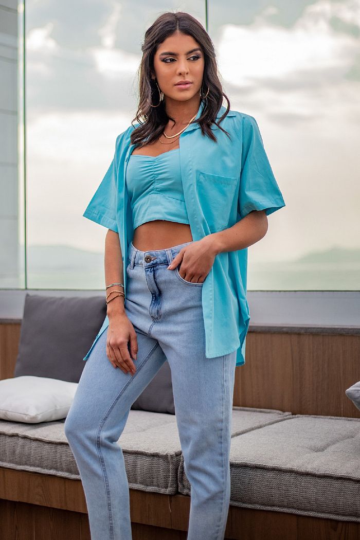 Conjunto Feminino Cropped e Camisa Capri Azul