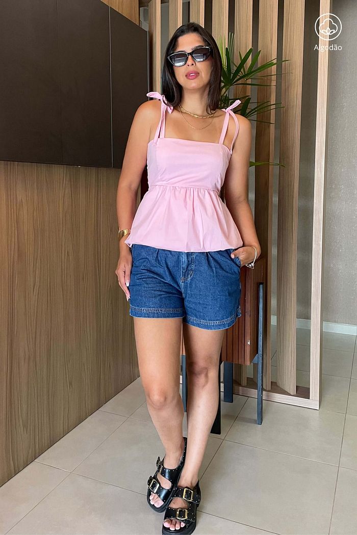 Blusa feminina Balonê de alças Tricoline algodão Vitta Rosa