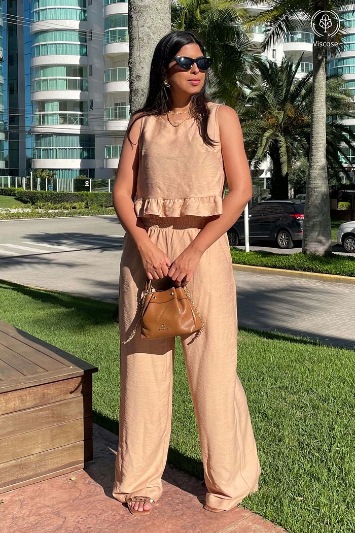 Conjunto Feminino Calca Blusa Savoi Viscose Bege Areia