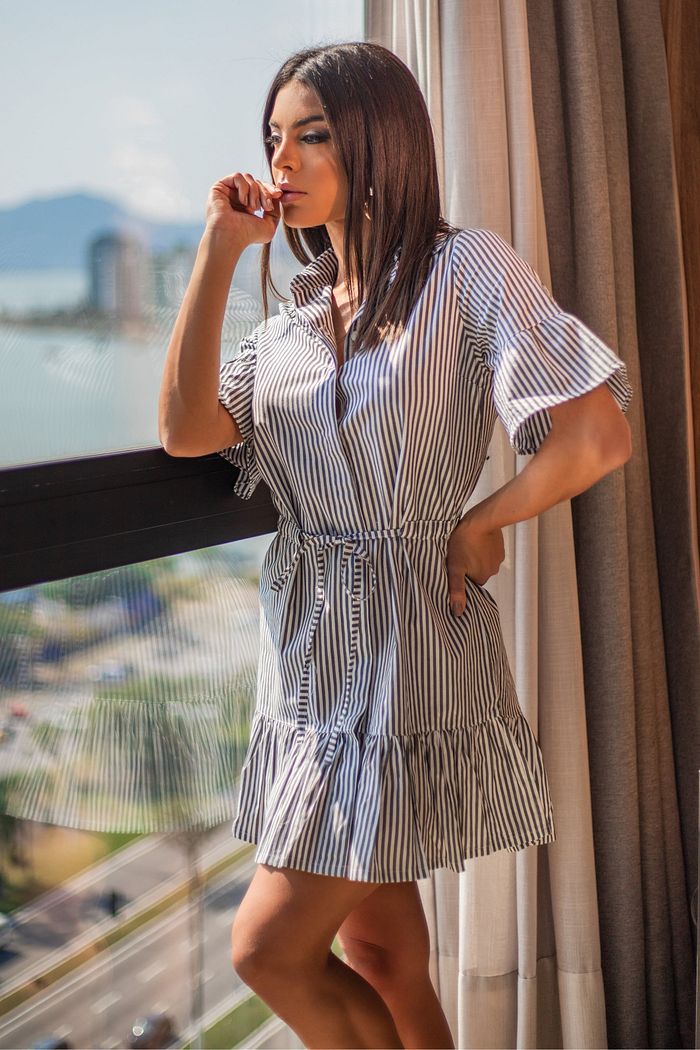 Vestido Curto Gola Camisa Manga Gode Tricoline Algodão Lia Listra Preto