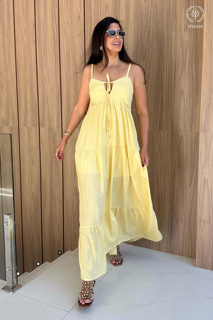 Vestido Longo de Alcas Viscose Luminar Amarelo Claro