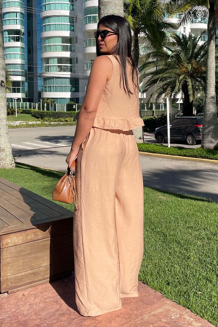 Conjunto Feminino Calca Blusa Savoi Viscose Bege Areia