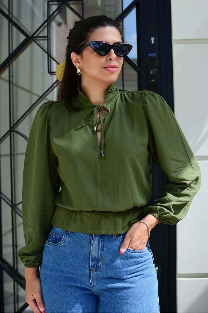 Blusa Feminina Manga Longa Viscose Milani Verde Militar