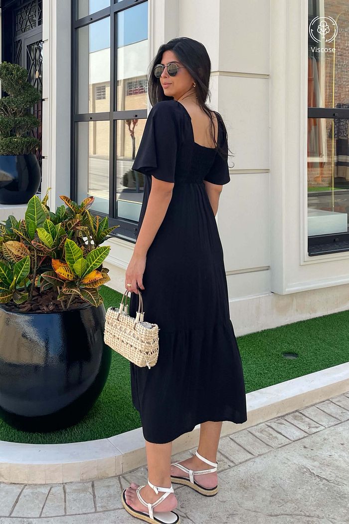 Vestido Midi Manga Curta Decote V Viscose Brisi Preto