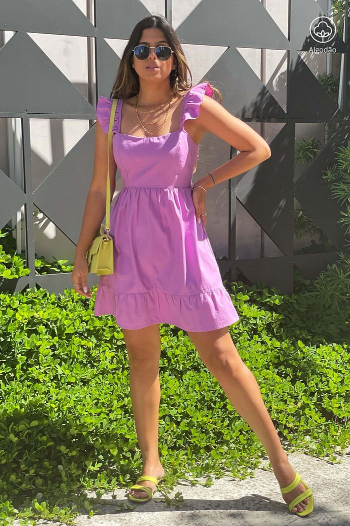 Vestido Curto de Alças Tricoline Algodão Katerini Lilas