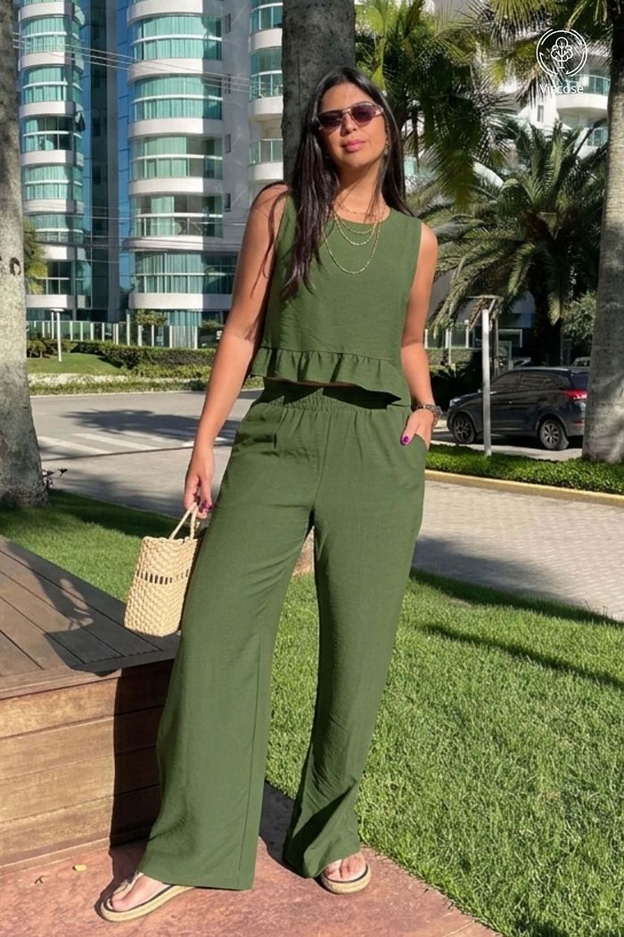 Conjunto Feminino Calca Blusa Savoi Viscose Verde Militar