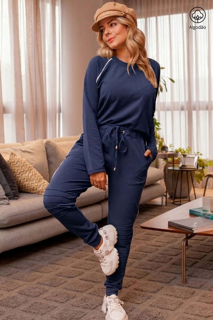 Conjunto Feminino Moletinho Blusa Calça City Azul Marinho