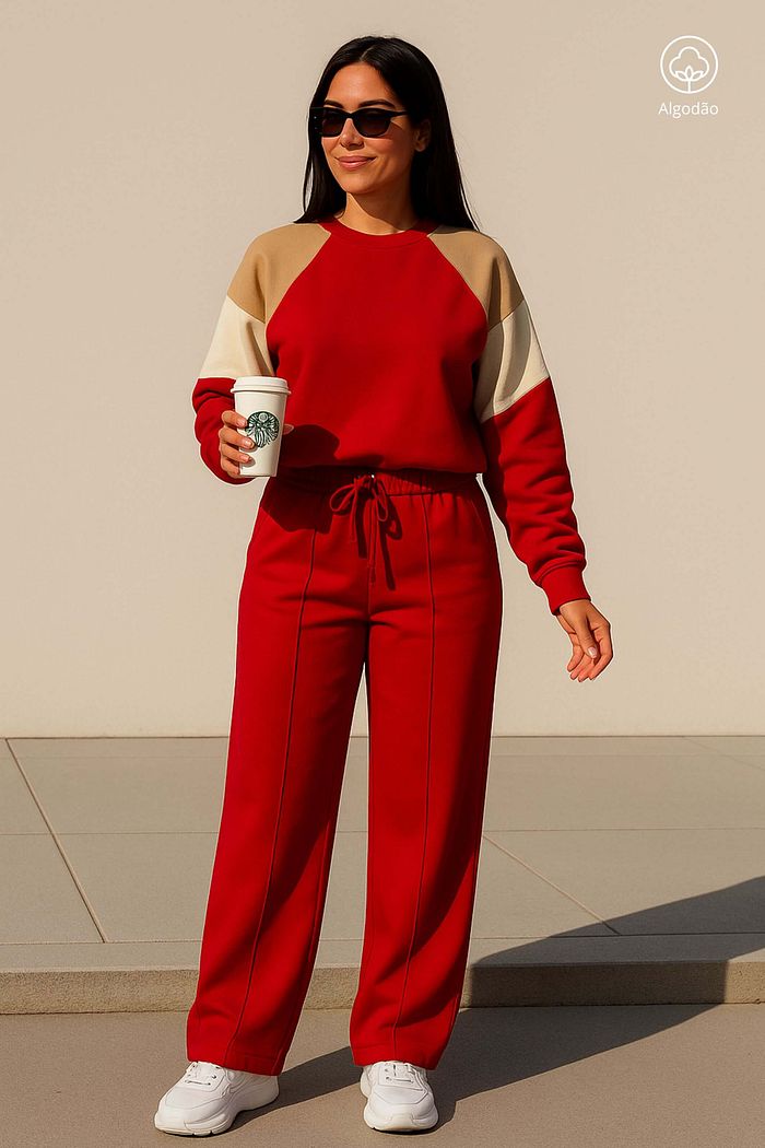 Conjunto Moletom Felpado Feminino Calca Blusa Manga Longa Delta Vermelho