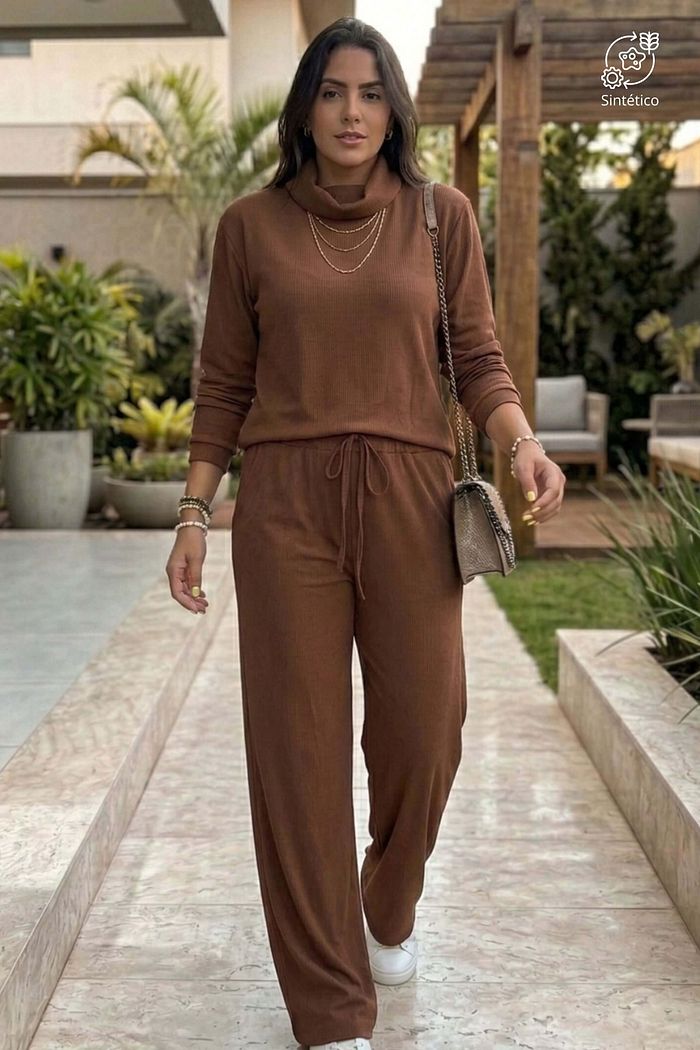 Conjunto Feminino Calça Wide Leg Blusa Manga Longa Sintético Berlim - Marrom