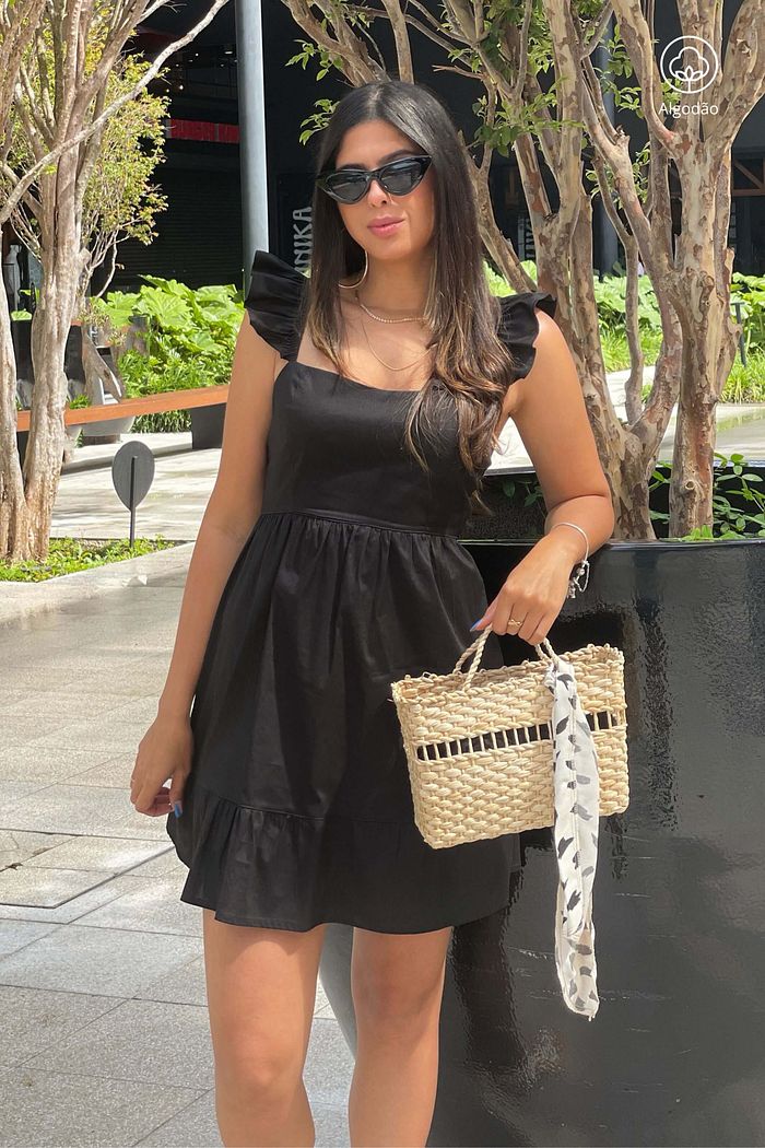 Vestido Curto de Alças Tricoline Algodão Katerini Preto