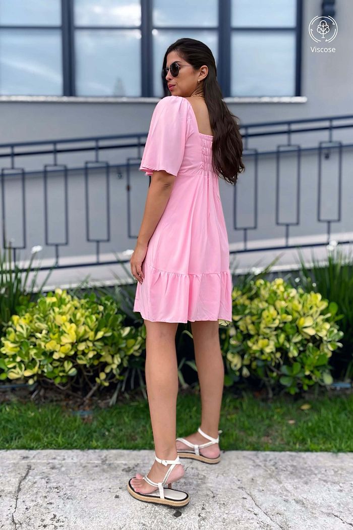 Vestido Curto Manga Curta  Decote V Viscose Lumi Rosa