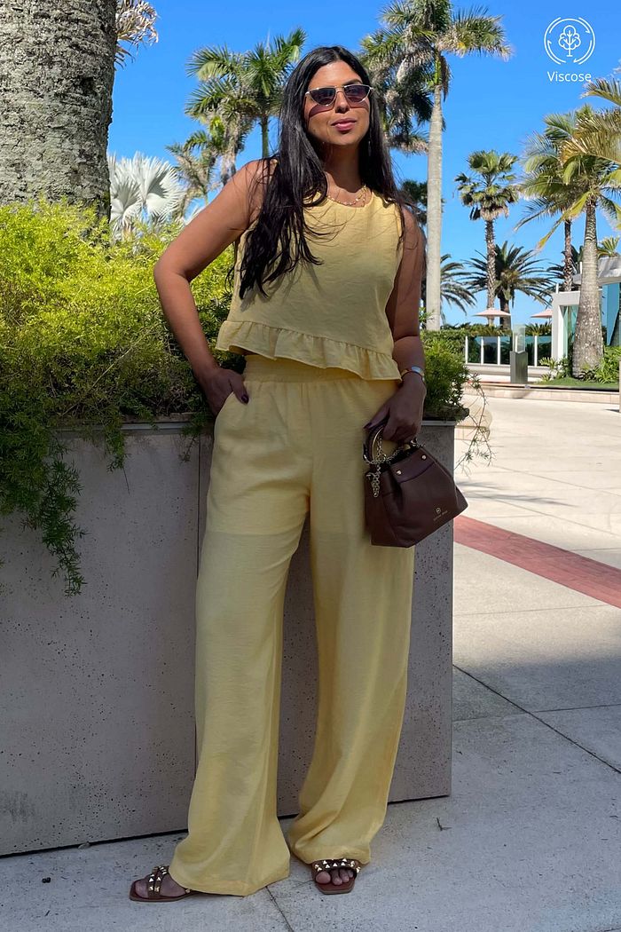 Conjunto Feminino Calca Blusa Savoi Viscose Amarelo Claro