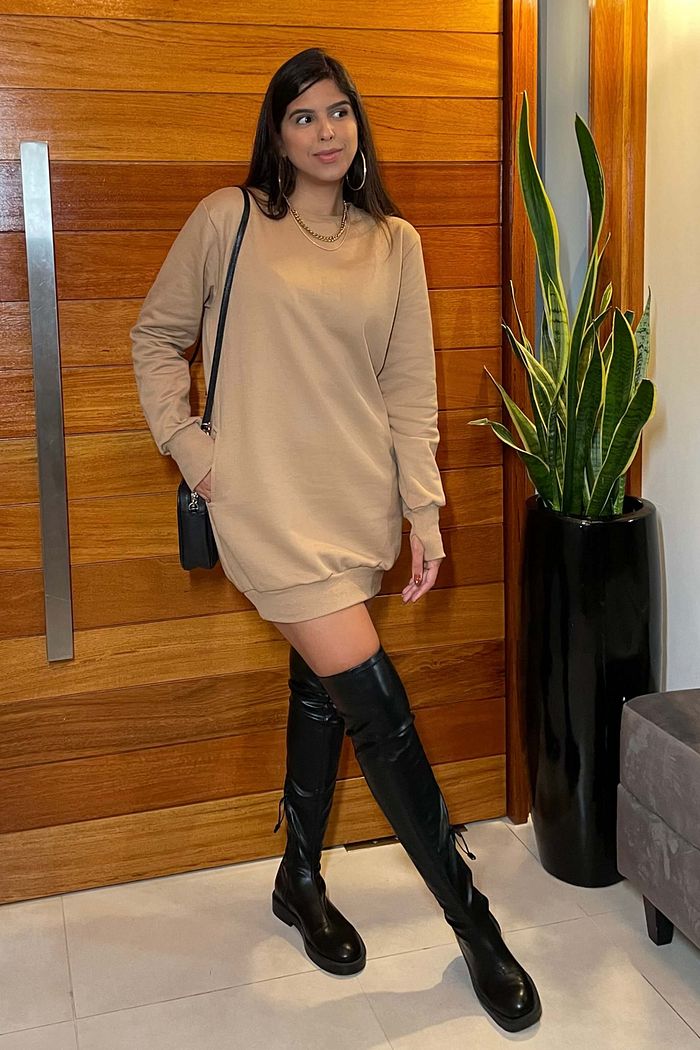 Vestido Moletom Peluciado Manga Longa Blusão Rocklin Camel