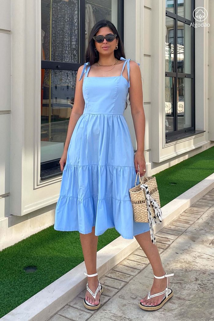 Vestido Midi Camadas De Alças Tricoline Algodão Athenas Azul Claro