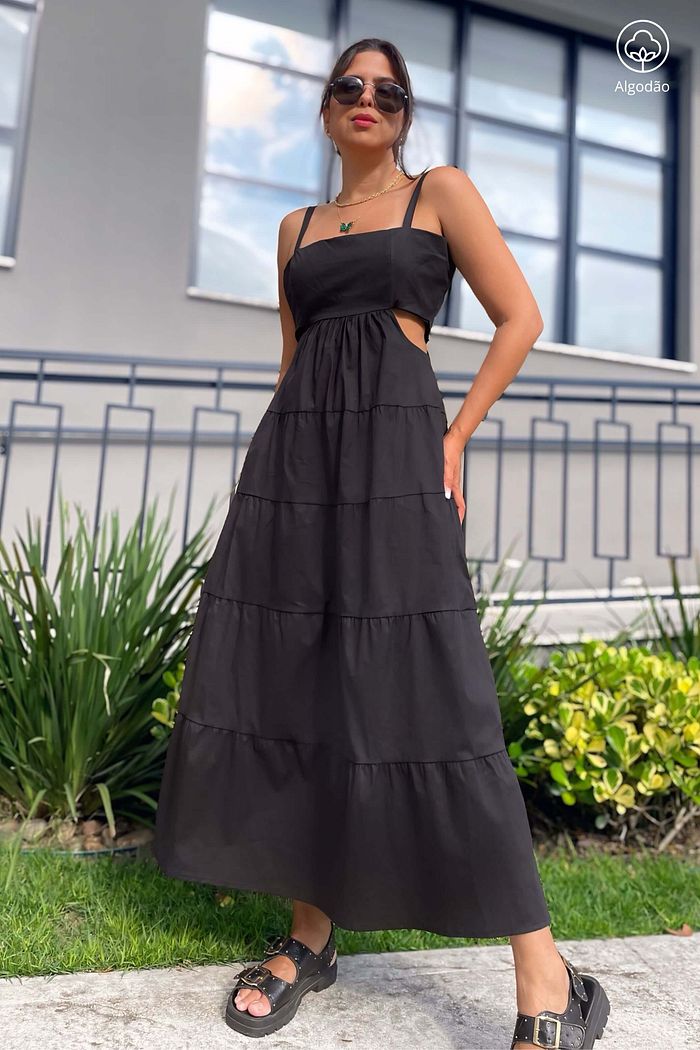 Vestido Longo Alcas Camadas Recorte Lateral Tricoline Algodao Petra Preto