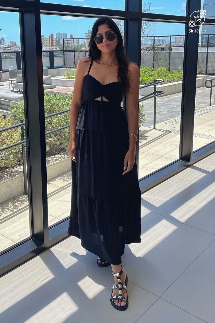 Vestido Longuete de Alças Camadas Sorele Preto