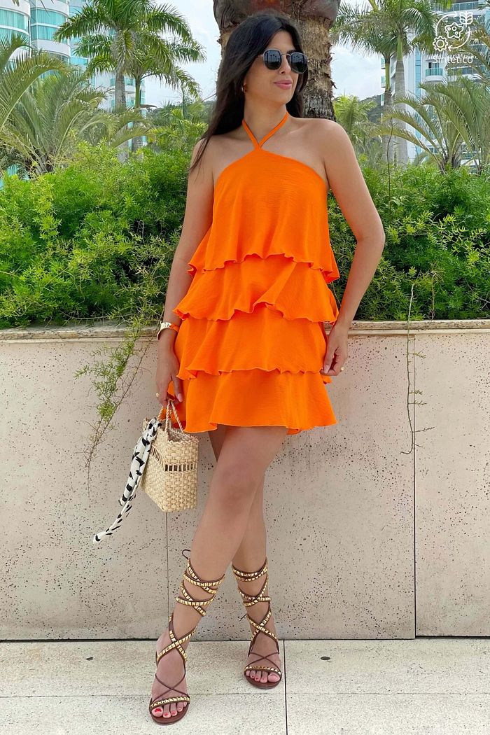 Vestido Curto Quatro Camadas Babado Ombros De Fora Alca Wave Laranja