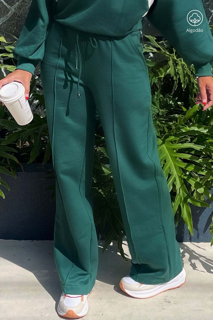 Calça Moletom Felpado Wideleg Feminino Bolsos Laterais Delta Verde