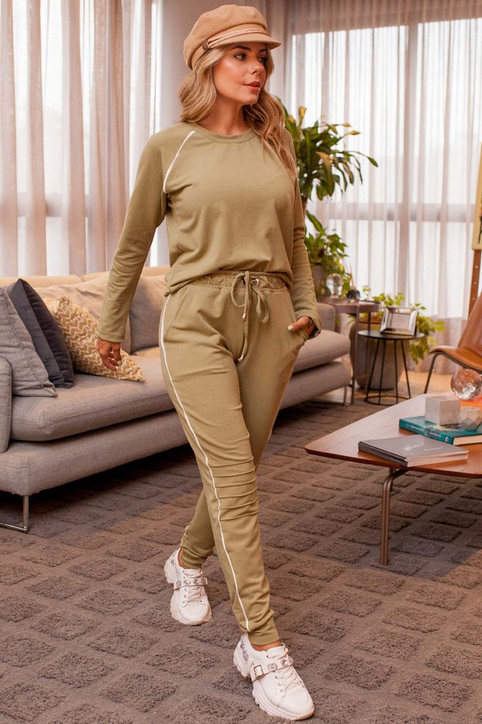 Conjunto Feminino Moletinho Blusa Calça City Verde Militar