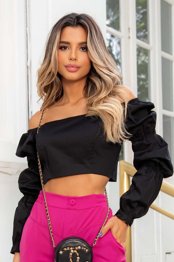 Blusa Cropped Feminina Manga Longa Lelis Preto