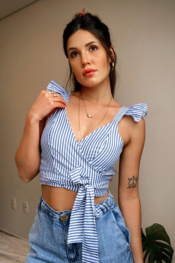 Blusa Cropped Alca Amarracoes Versatil Marlim Listras Azul