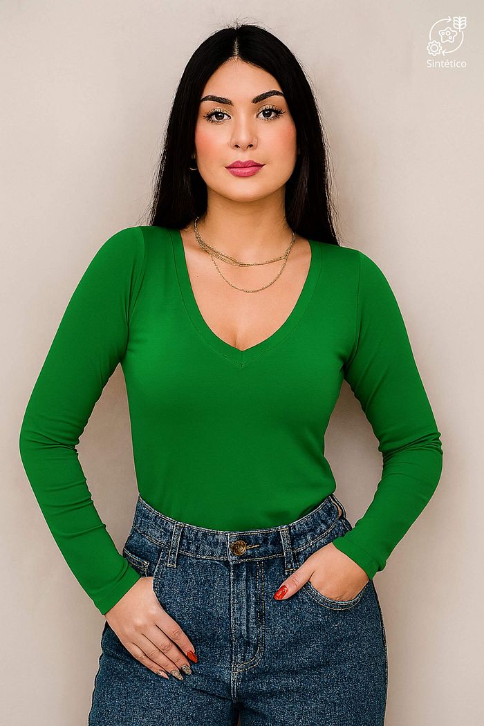 Blusa Feminino Gola V Essencial Manga Longa Fancy Verde