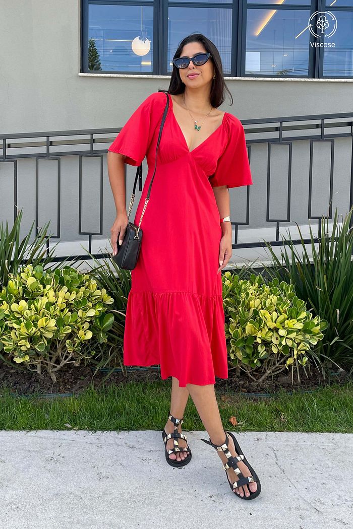 Vestido Midi Manga Curta Decote V Viscose Brisi Vermelho
