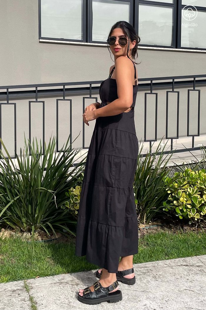 Vestido Longo Alcas Camadas Recorte Lateral Tricoline Algodao Petra Preto