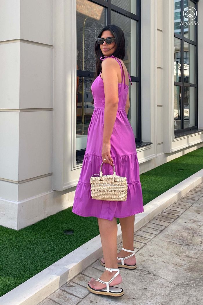 Vestido Midi Camadas De Alças Tricoline Algodão Athenas Lilas