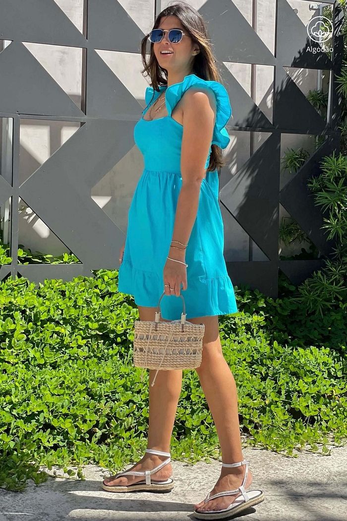 Vestido Curto de Alças Tricoline Algodão Katerini Azul Claro