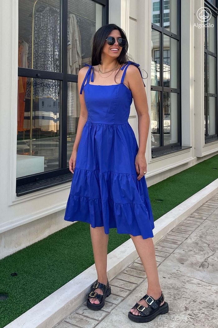 Vestido Midi Camadas De Alças Tricoline Algodão Athenas Azul Klein