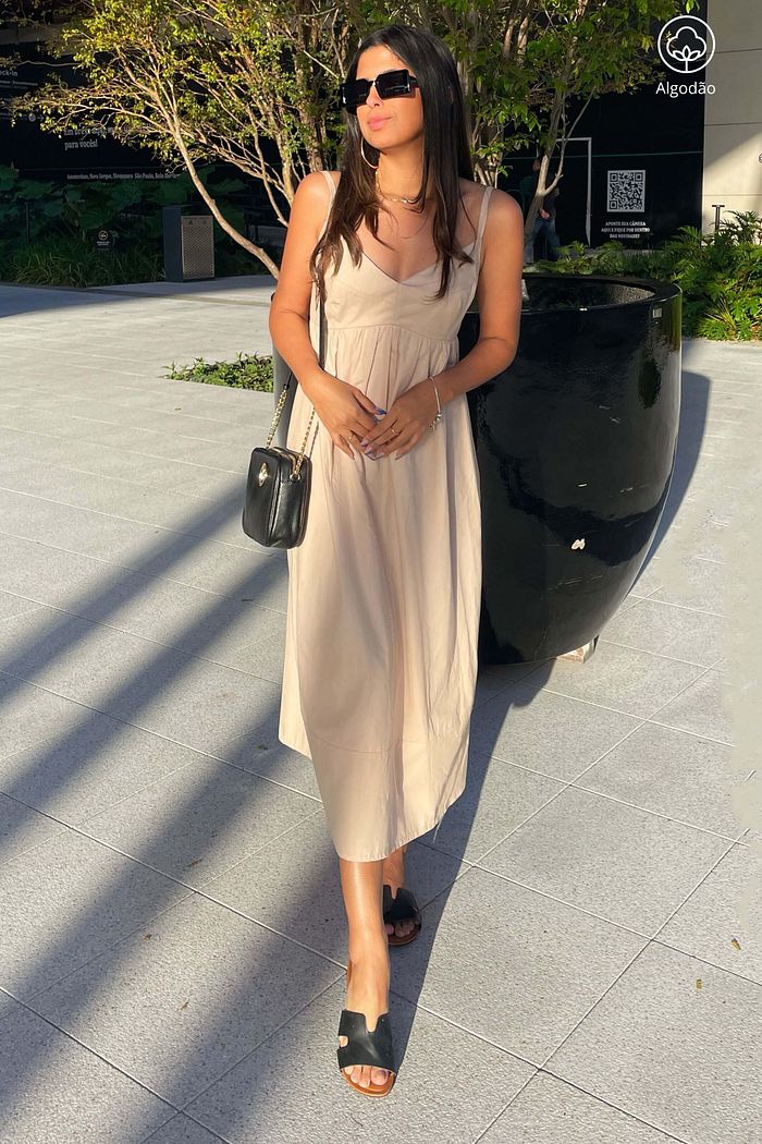Vestido Midi De Alças Tricoline Algodão Celina Bege Areia