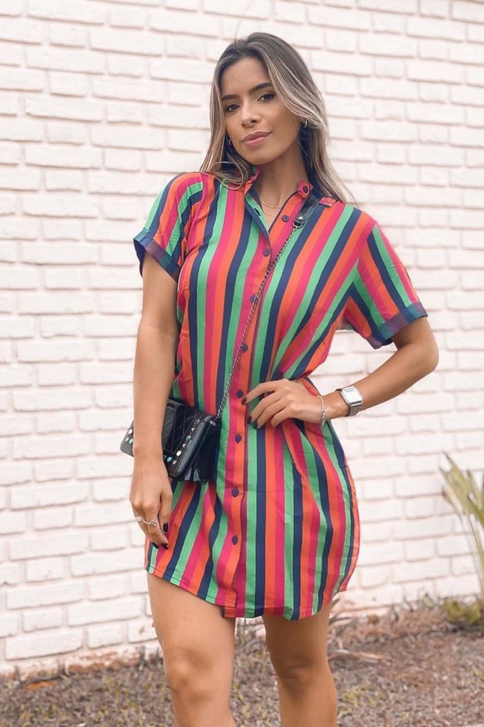 Vestido Curto Chemise De Manga Curta Viscose Listra Escura Santorini