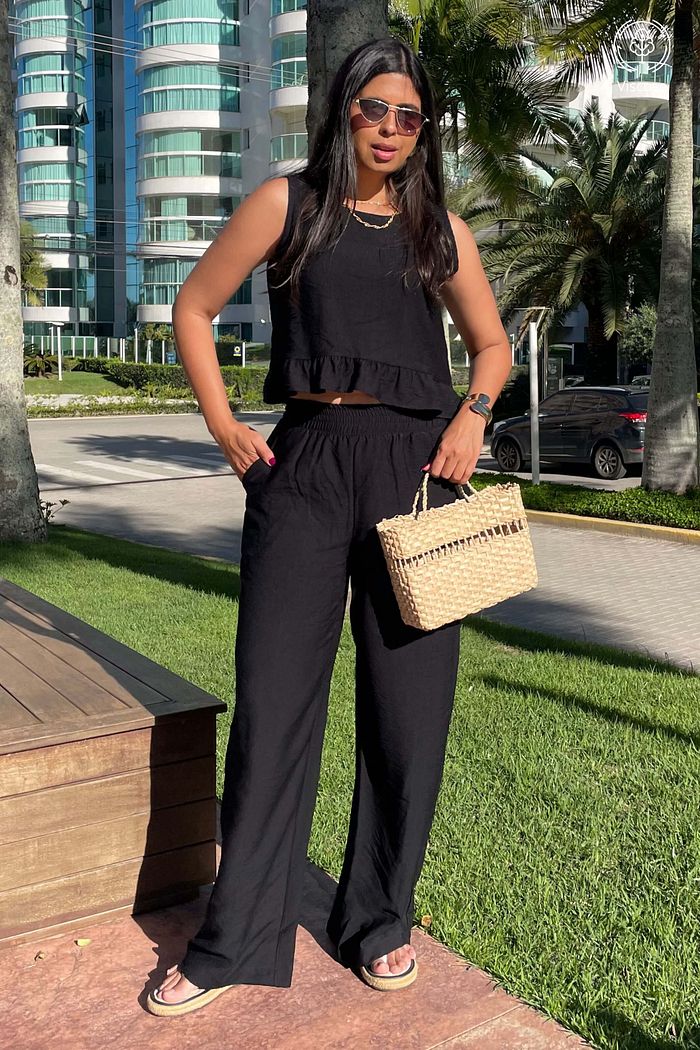 Conjunto Feminino Calca Blusa Savoi Viscose Preto