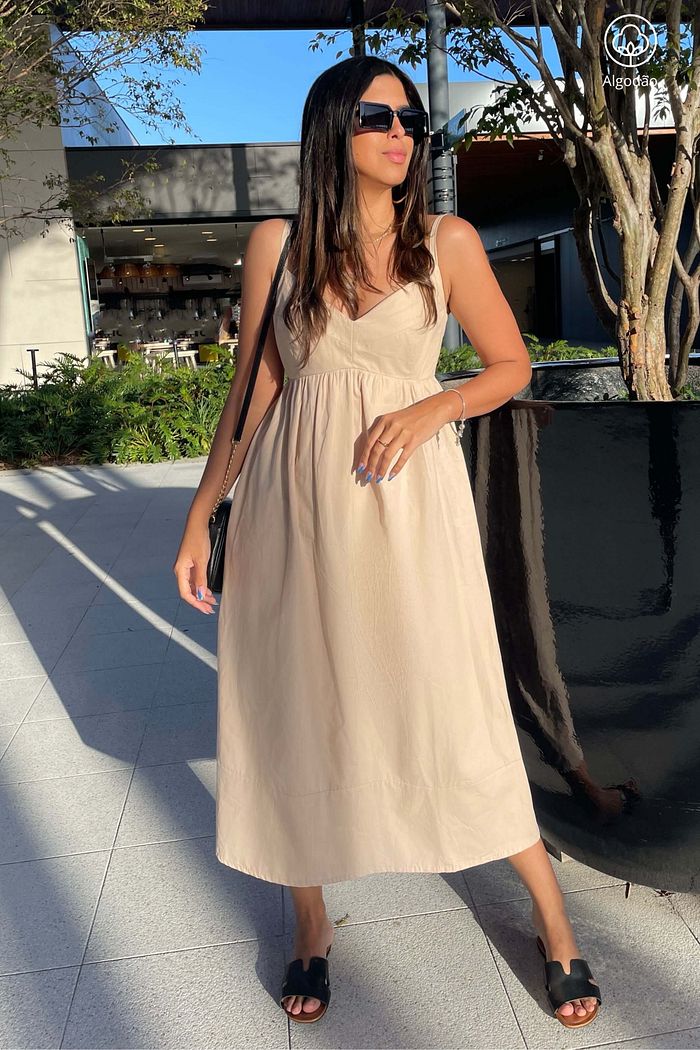 Vestido Midi De Alças Tricoline Algodão Celina Bege Areia