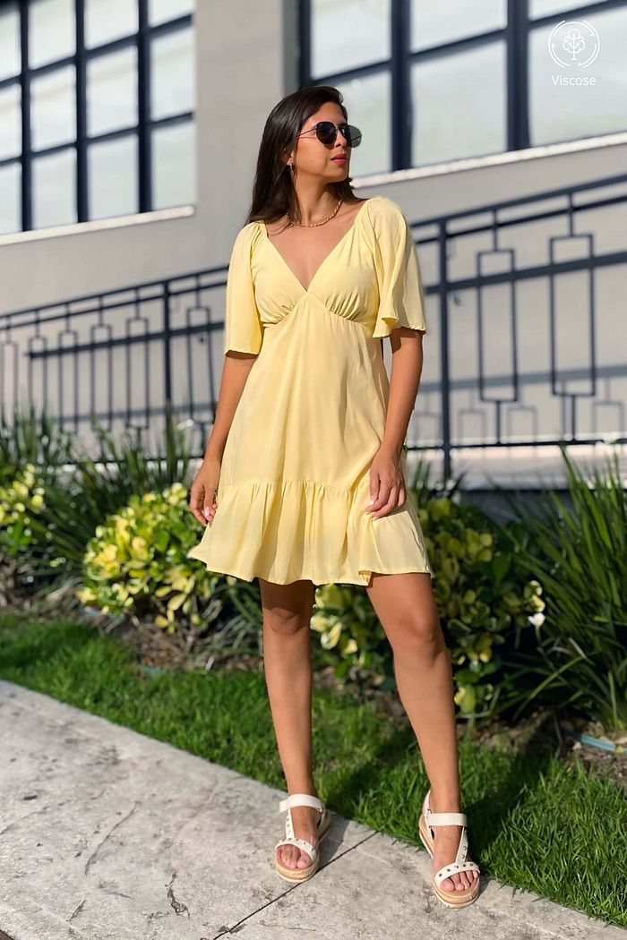 Vestido Curto Manga Curta  Decote V Viscose Lumi Amarelo