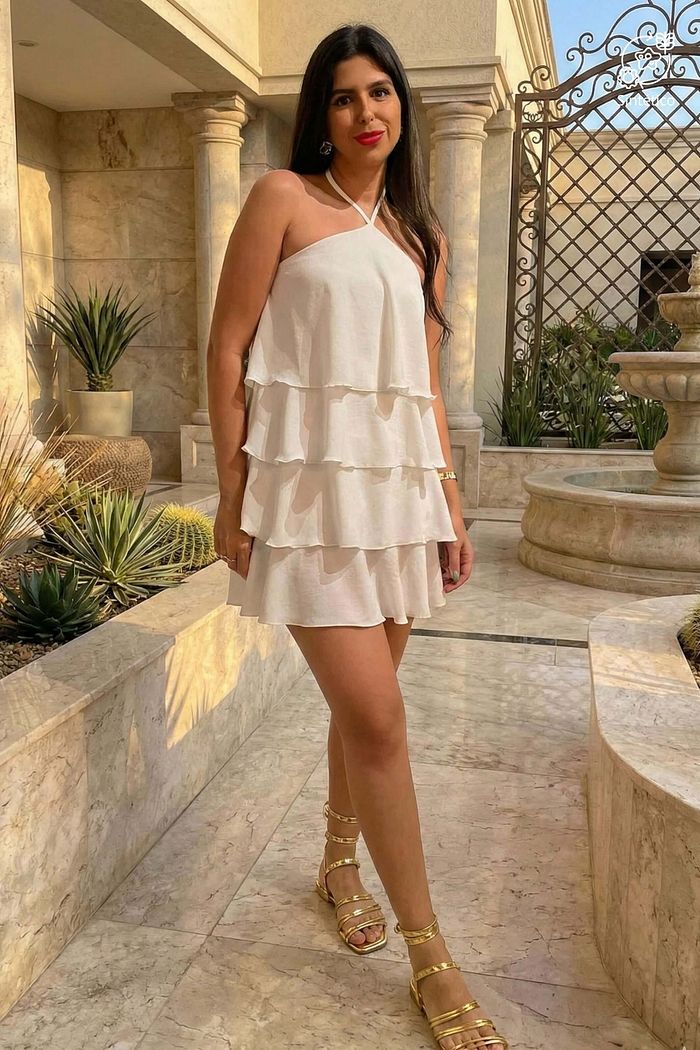 Vestido Curto Quatro Camadas Babado Ombros De Fora Alca Wave Off White