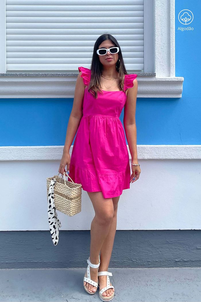 Vestido Curto de Alças Tricoline Algodão Katerini Pink